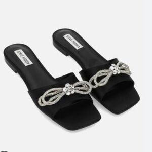 Steven Madden Veda Diamond Bow Flat Sandals Black Satin
